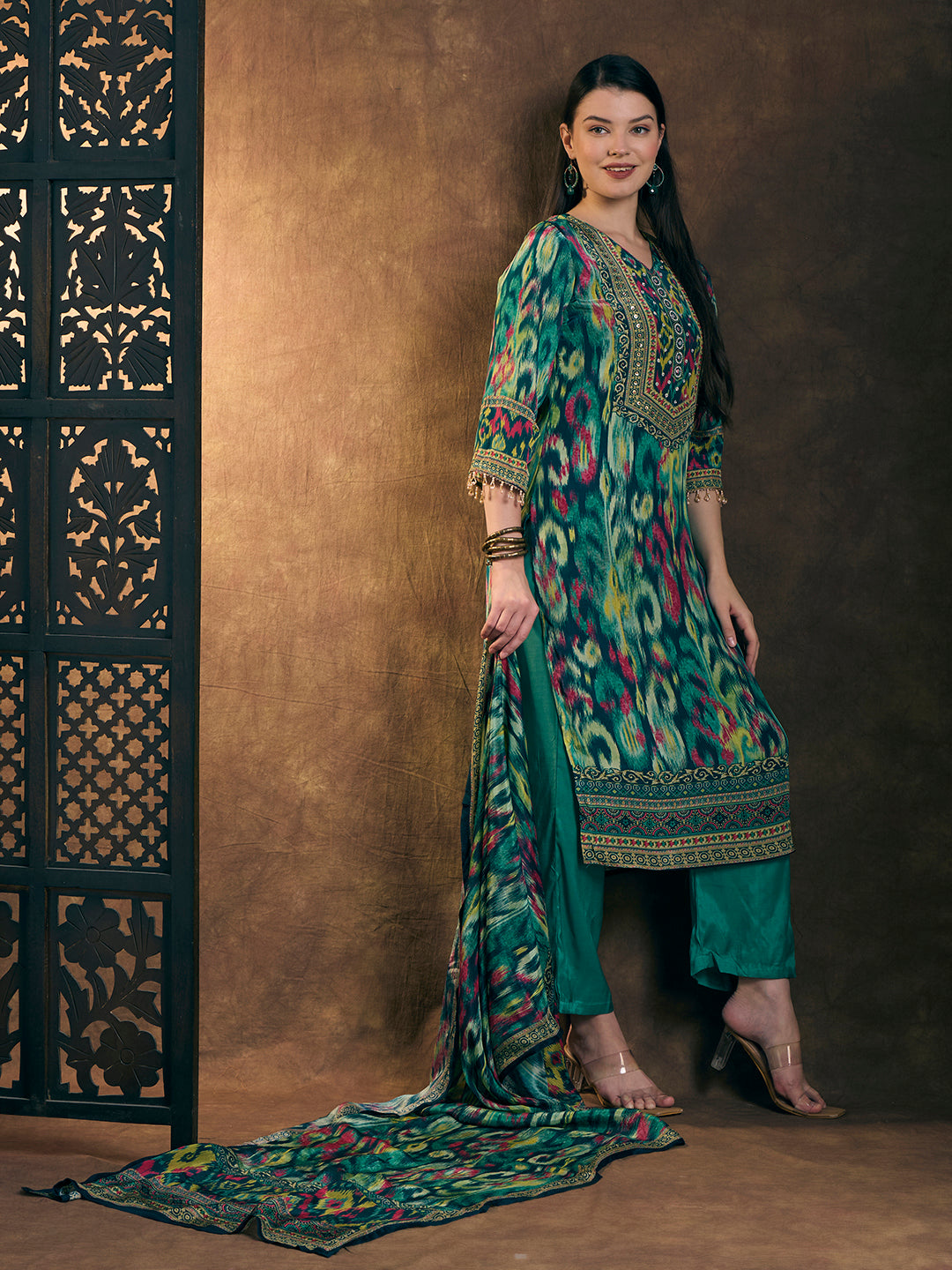 Ethnic Printed Straight Fit Kurta with Pant & Dupatta - Turquoise Blue