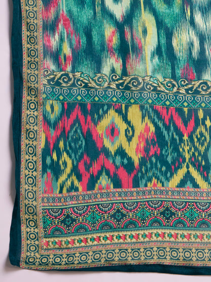Ethnic Printed Straight Fit Kurta with Pant & Dupatta - Turquoise Blue