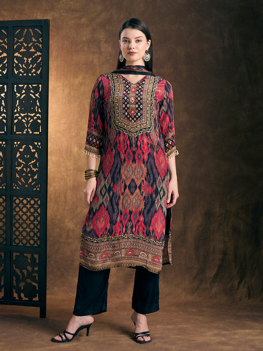 Ethnic Ikat Printed Straight Kurta with Pant and Dupatta - Multi