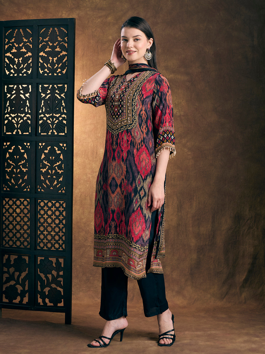 Ethnic Ikat Printed Straight Kurta with Pant and Dupatta - Multi