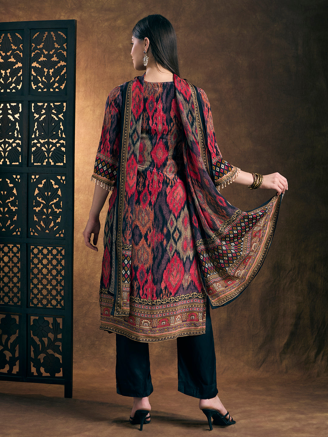 Ethnic Ikat Printed Straight Kurta with Pant and Dupatta - Multi