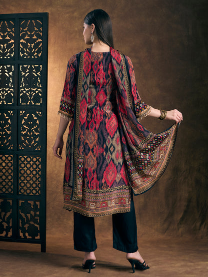 Ethnic Ikat Printed Straight Kurta with Pant and Dupatta - Multi
