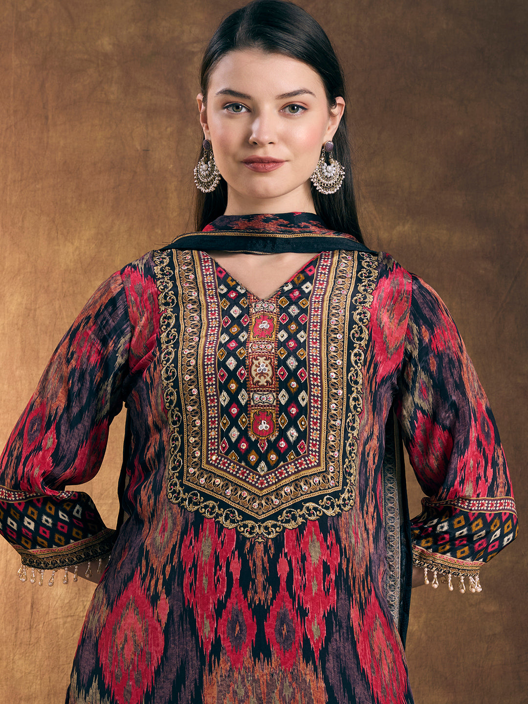 Ethnic Ikat Printed Straight Kurta with Pant and Dupatta - Multi