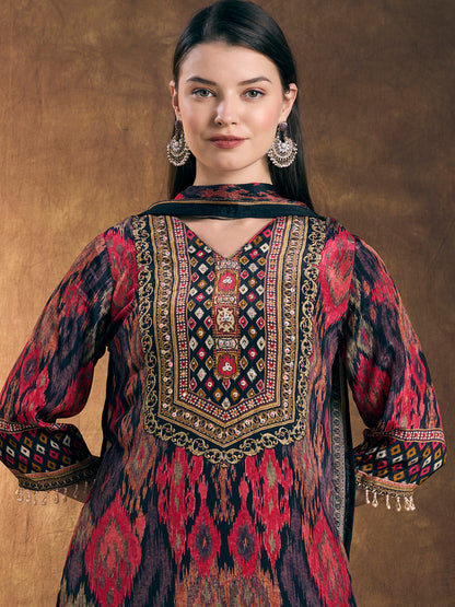Ethnic Ikat Printed Straight Kurta with Pant and Dupatta - Multi
