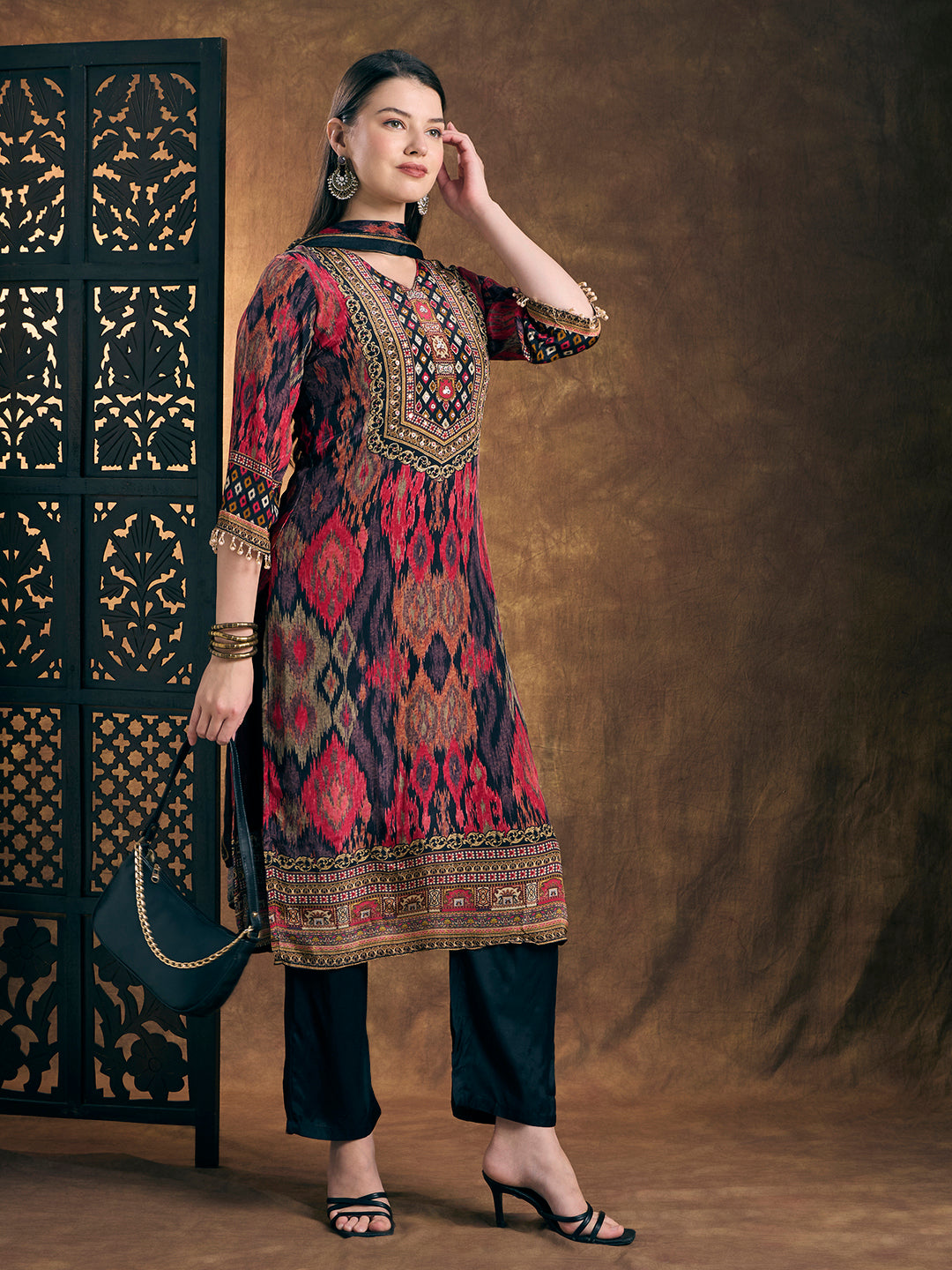 Ethnic Ikat Printed Straight Kurta with Pant and Dupatta - Multi
