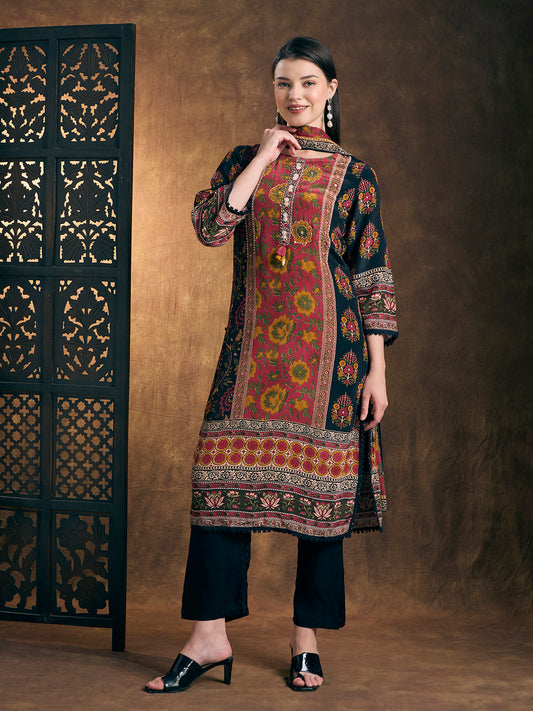 Ethnic Ikat Printed Straight Kurta with Pant & Dupatta - Black
