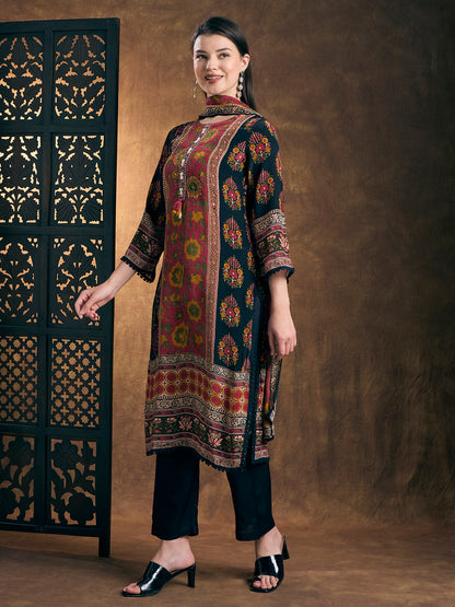 Ethnic Ikat Printed Straight Kurta with Pant & Dupatta - Black