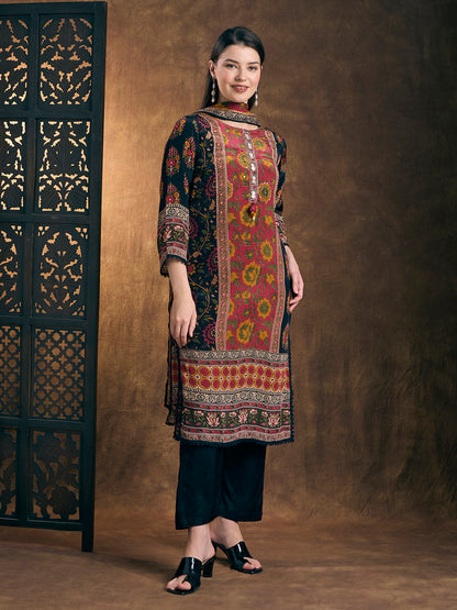 Ethnic Ikat Printed Straight Kurta with Pant & Dupatta - Black