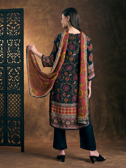 Ethnic Ikat Printed Straight Kurta with Pant & Dupatta - Black