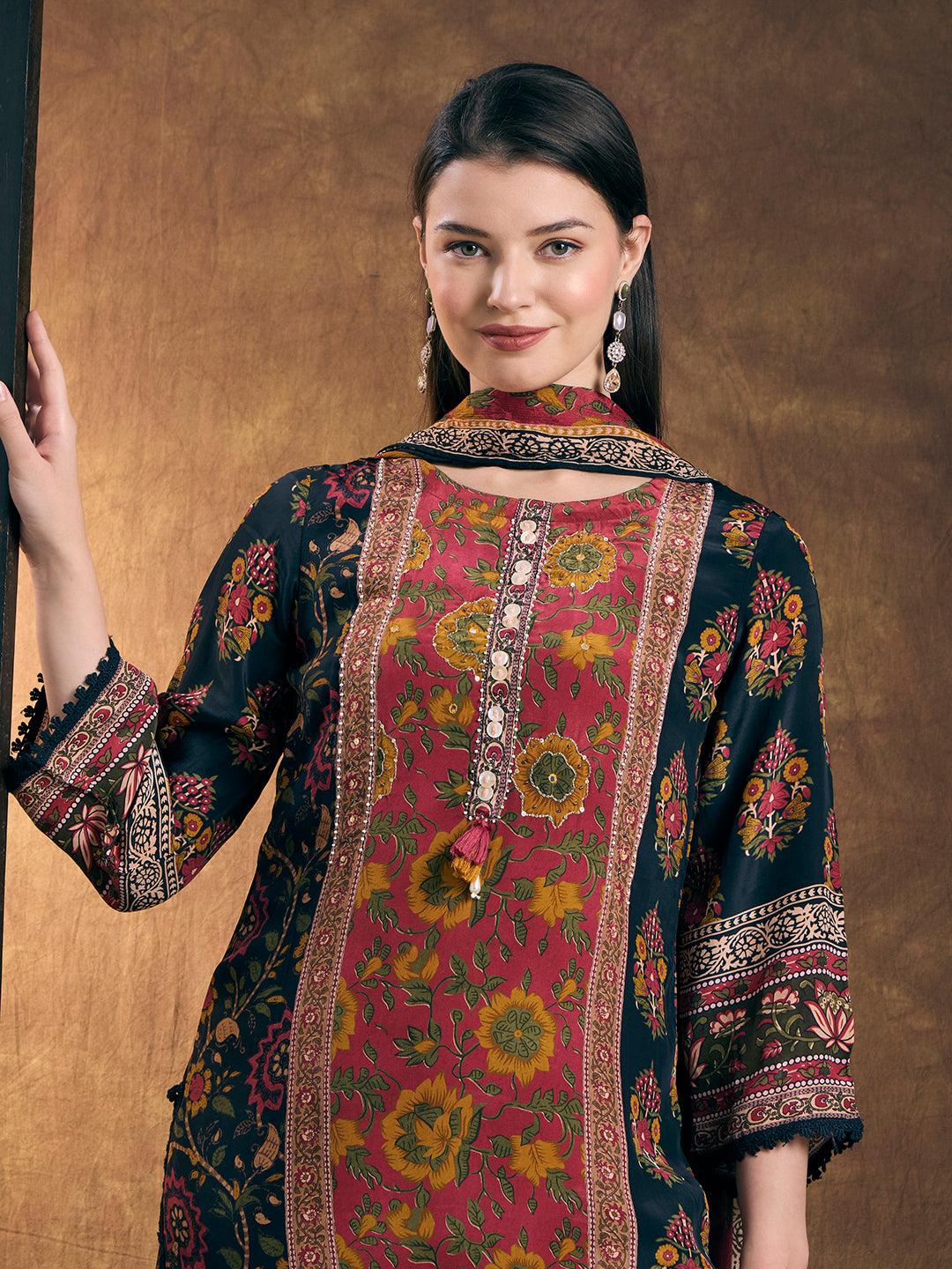 Ethnic Ikat Printed Straight Kurta with Pant & Dupatta - Black