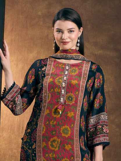 Ethnic Ikat Printed Straight Kurta with Pant & Dupatta - Black