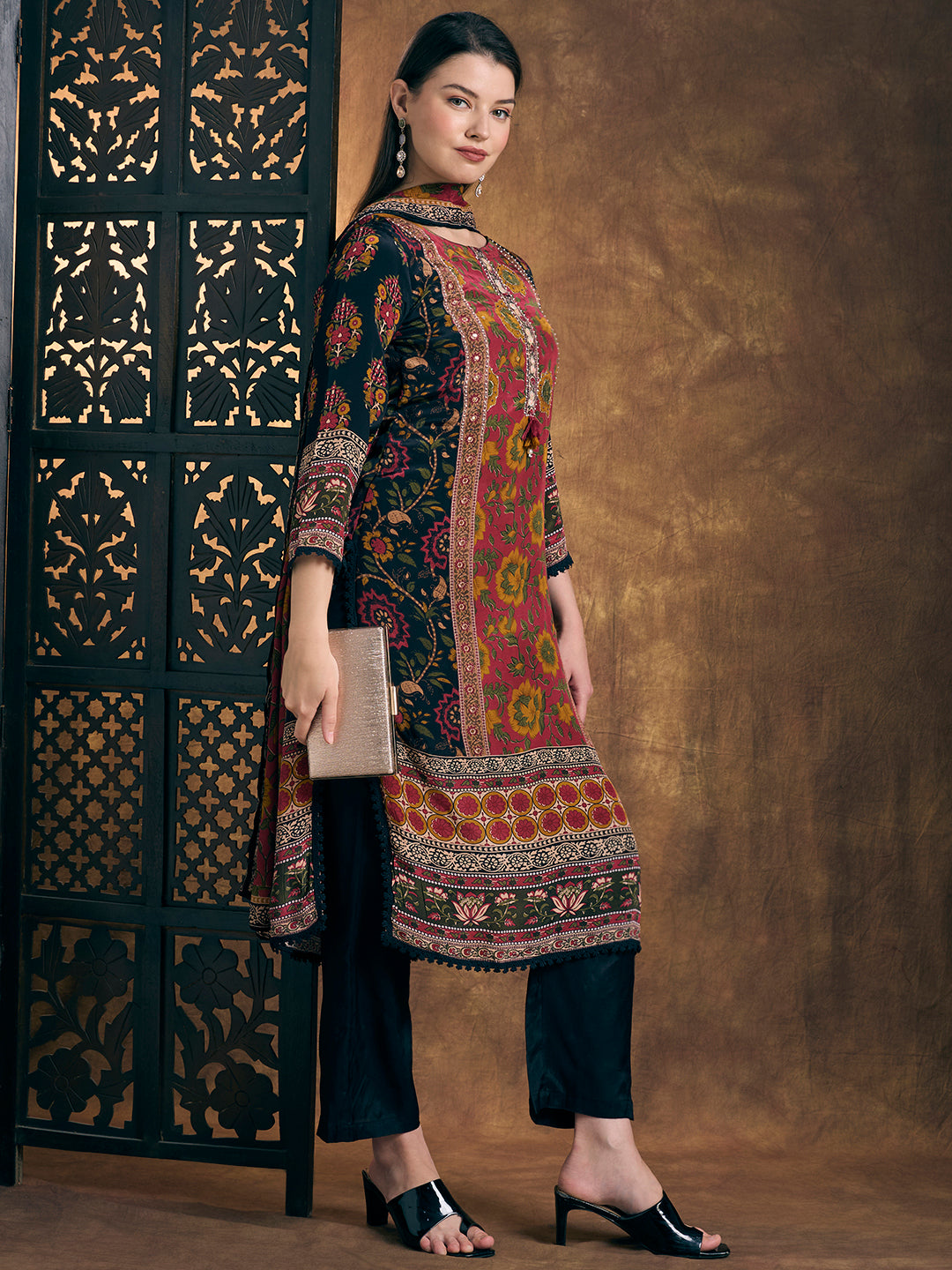 Ethnic Ikat Printed Straight Kurta with Pant & Dupatta - Black