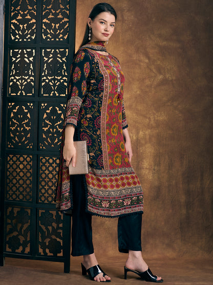 Ethnic Ikat Printed Straight Kurta with Pant & Dupatta - Black