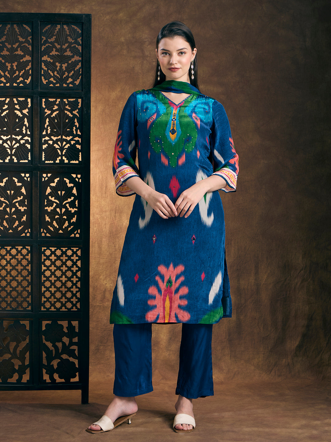 Ethnic Ikat Printed Straight Fit Kurta with Pant & Dupatta - Blue