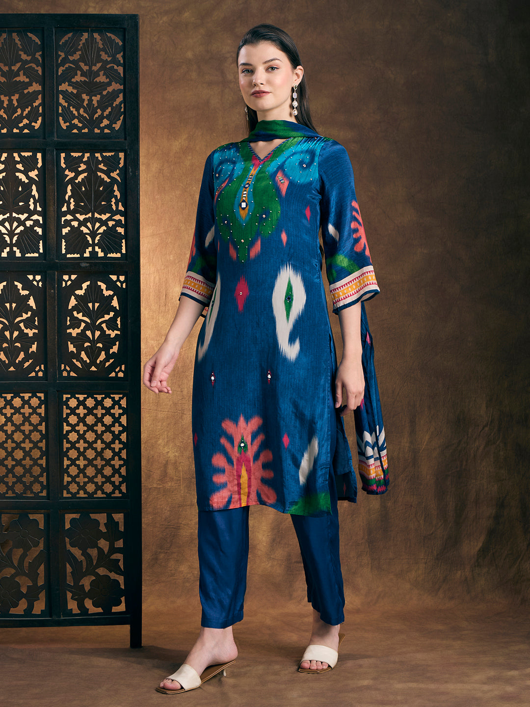 Ethnic Ikat Printed Straight Fit Kurta with Pant & Dupatta - Blue