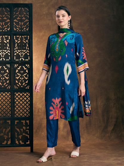 Ethnic Ikat Printed Straight Fit Kurta with Pant & Dupatta - Blue