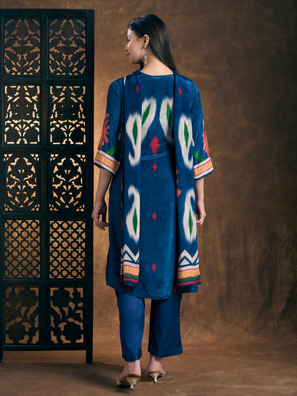 Ethnic Ikat Printed Straight Fit Kurta with Pant & Dupatta - Blue