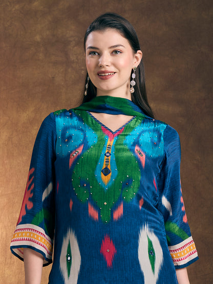 Ethnic Ikat Printed Straight Fit Kurta with Pant & Dupatta - Blue