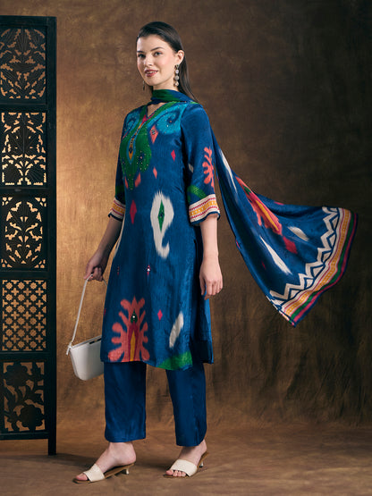 Ethnic Ikat Printed Straight Fit Kurta with Pant & Dupatta - Blue