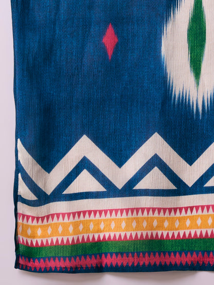 Ethnic Ikat Printed Straight Fit Kurta with Pant & Dupatta - Blue