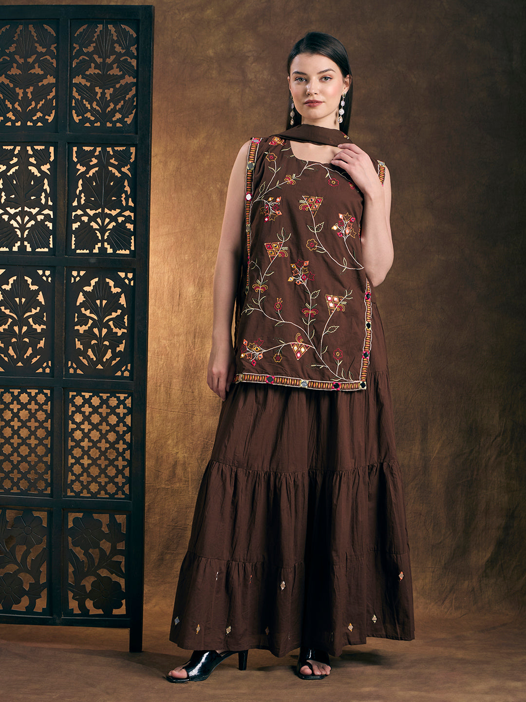 Solid Floral Embroidered Kurta with Tiered Skirt and Dupatta - Brown