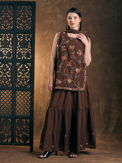 Solid Floral Embroidered Kurta with Tiered Skirt and Dupatta - Brown