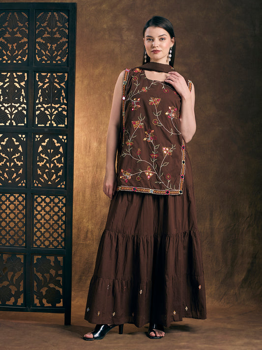 Solid Floral Embroidered Kurta with Tiered Skirt and Dupatta - Brown