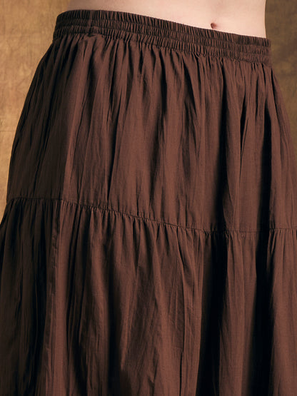 Solid Floral Embroidered Kurta with Tiered Skirt and Dupatta - Brown