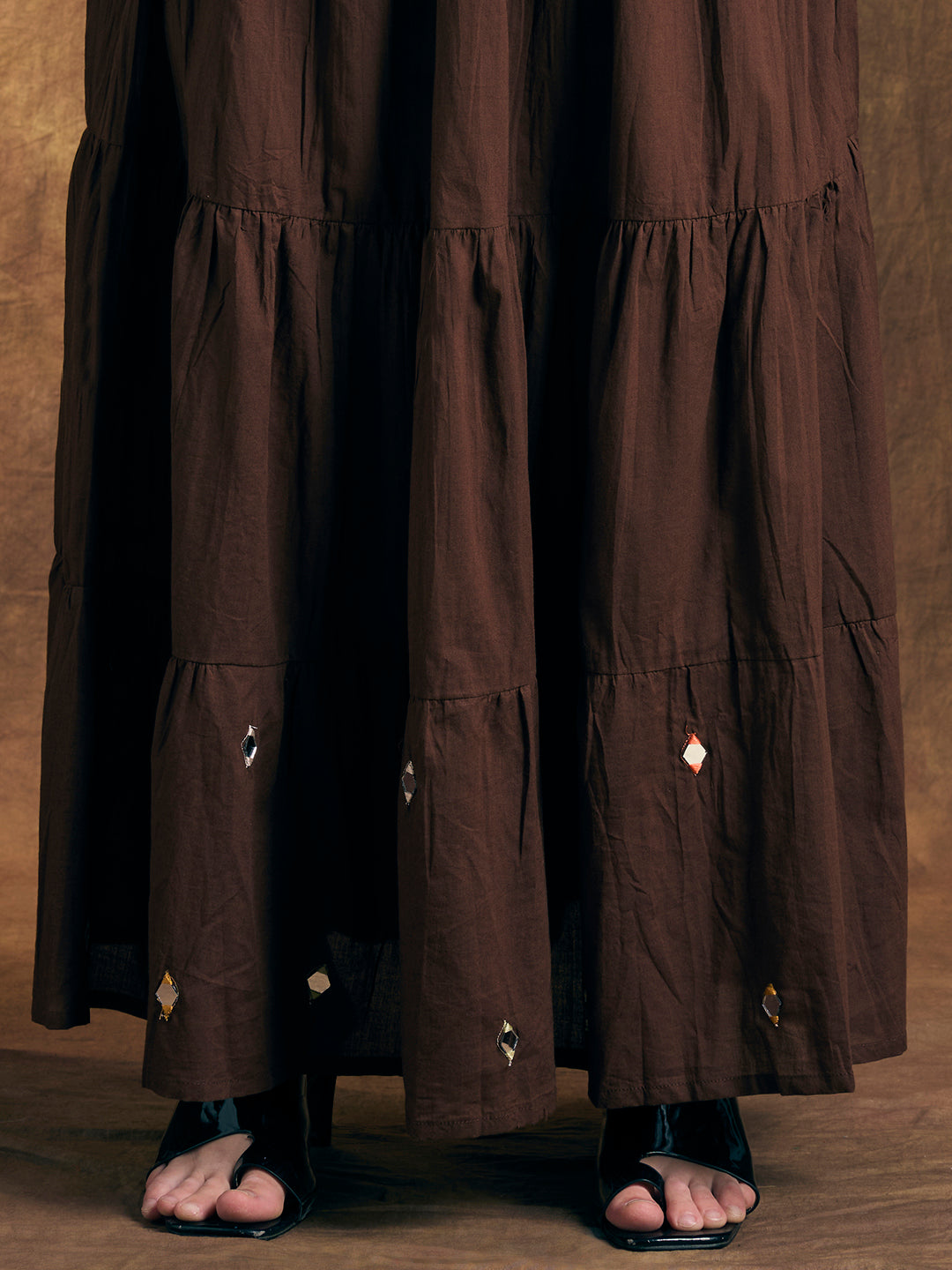 Solid Floral Embroidered Kurta with Tiered Skirt and Dupatta - Brown