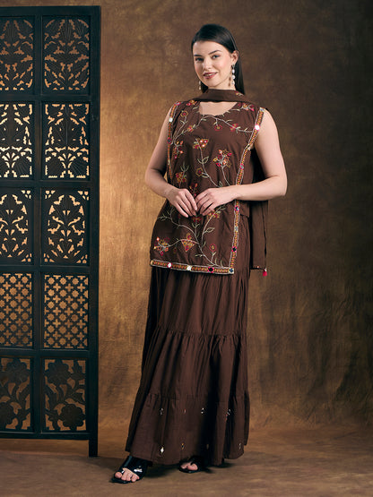 Solid Floral Embroidered Kurta with Tiered Skirt and Dupatta - Brown