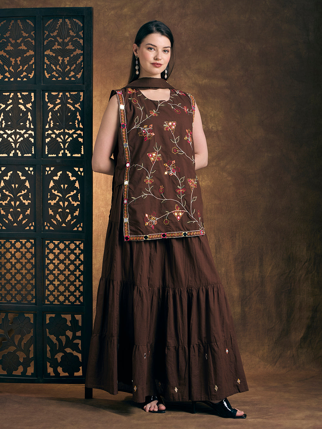 Solid Floral Embroidered Kurta with Tiered Skirt and Dupatta - Brown
