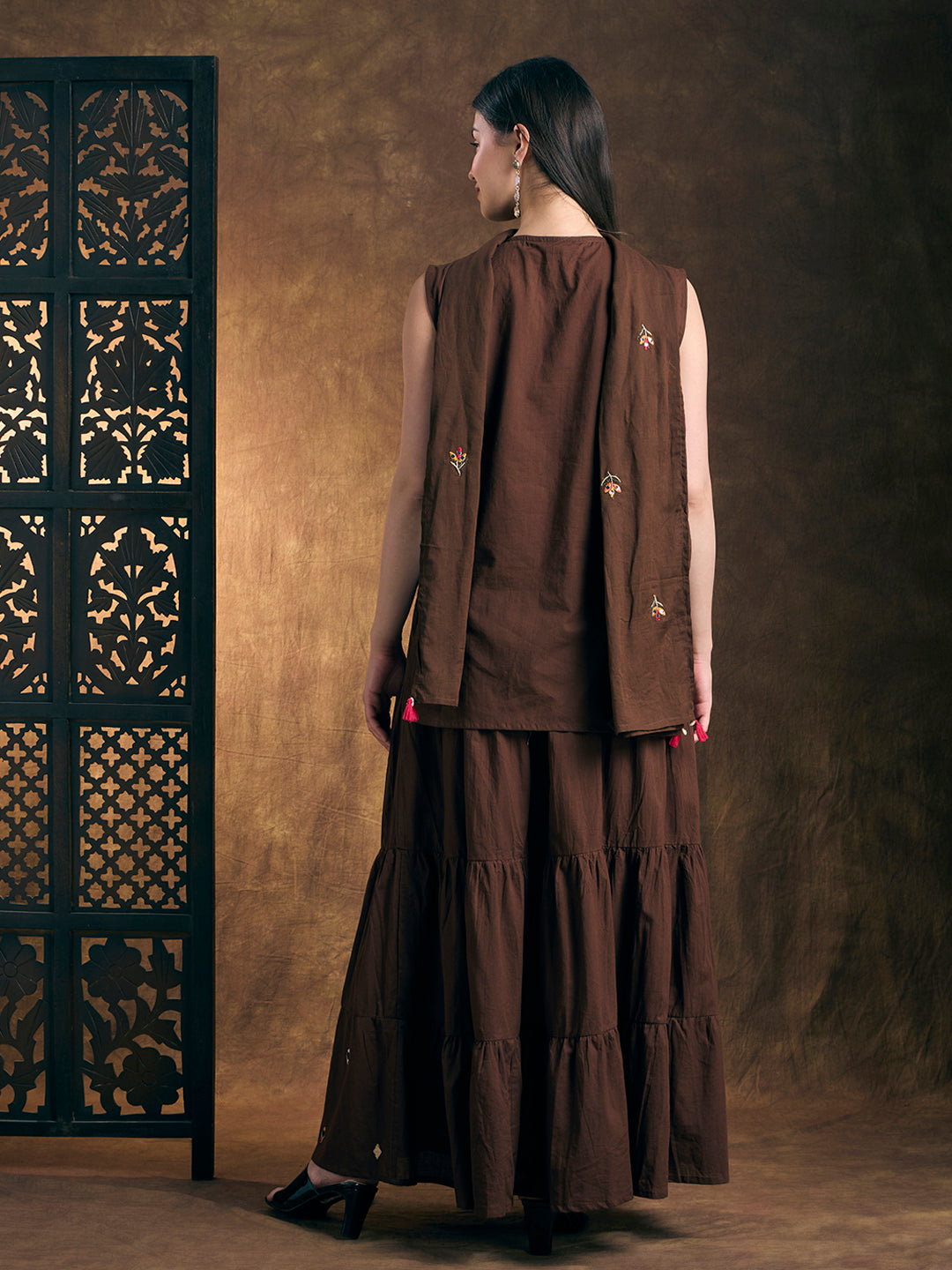 Solid Floral Embroidered Kurta with Tiered Skirt and Dupatta - Brown