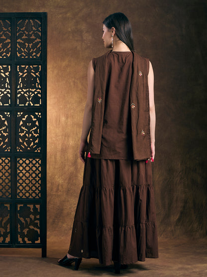 Solid Floral Embroidered Kurta with Tiered Skirt and Dupatta - Brown