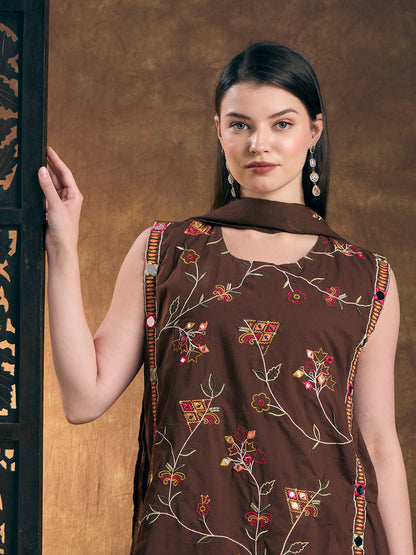 Solid Floral Embroidered Kurta with Tiered Skirt and Dupatta - Brown