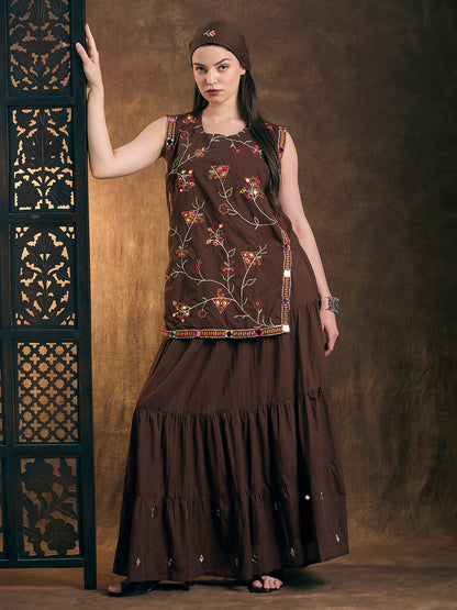 Solid Floral Embroidered Kurta with Tiered Skirt and Dupatta - Brown