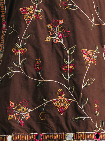 Solid Floral Embroidered Kurta with Tiered Skirt and Dupatta - Brown