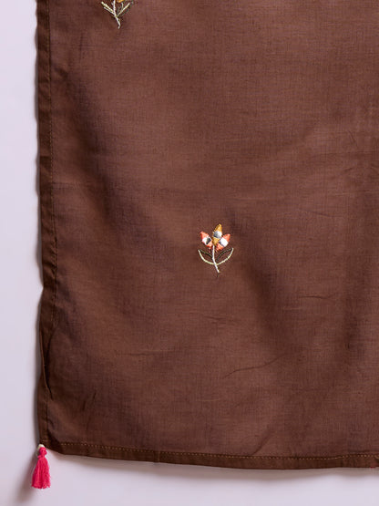 Solid Floral Embroidered Kurta with Tiered Skirt and Dupatta - Brown