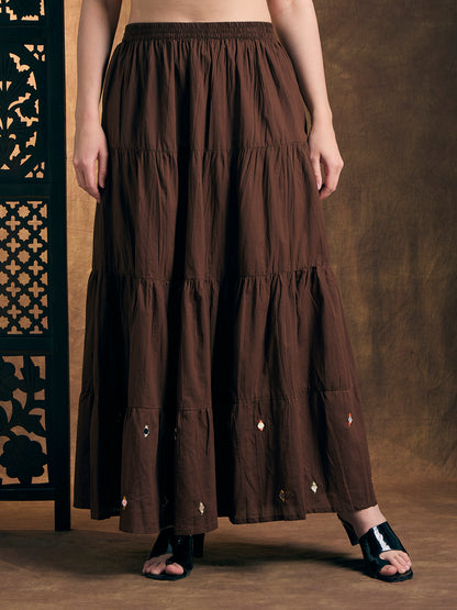 Solid Floral Embroidered Kurta with Tiered Skirt and Dupatta - Brown