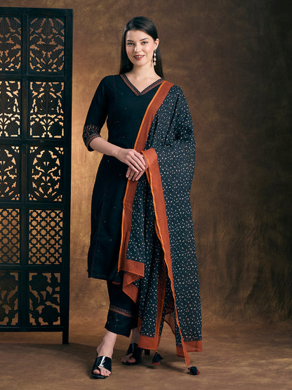 Solid Ethnic Embroidered Straight Kurta with Pant & Printed Dupatta - Teal