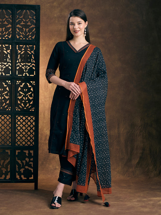 Solid Ethnic Embroidered Straight Kurta with Pant & Printed Dupatta - Teal