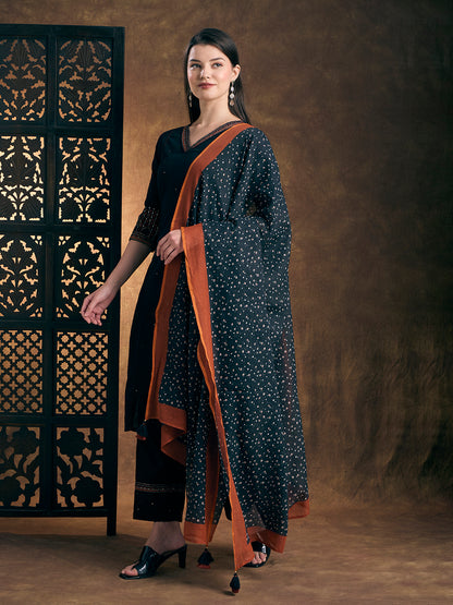 Solid Ethnic Embroidered Straight Kurta with Pant & Printed Dupatta - Teal