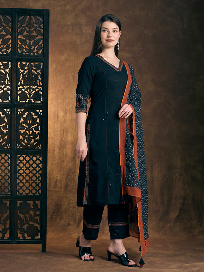 Solid Ethnic Embroidered Straight Kurta with Pant & Printed Dupatta - Teal