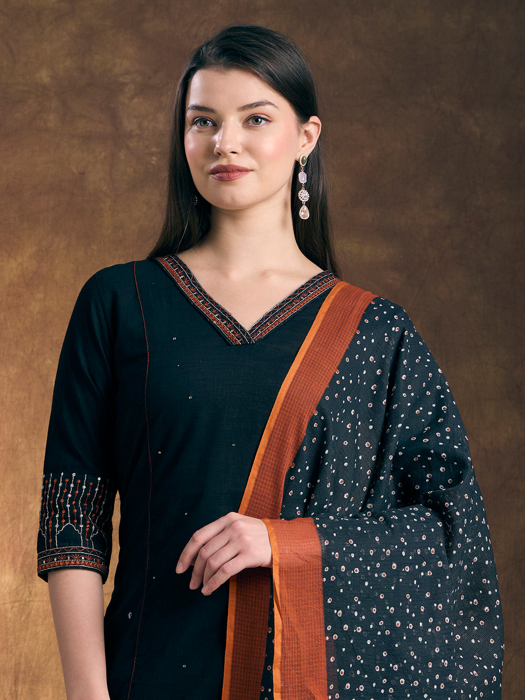 Solid Ethnic Embroidered Straight Kurta with Pant & Printed Dupatta - Teal