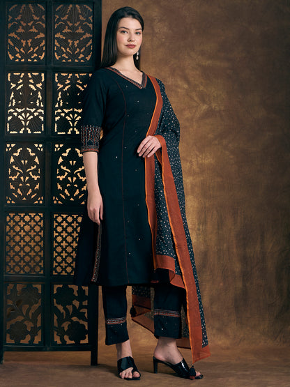 Solid Ethnic Embroidered Straight Kurta with Pant & Printed Dupatta - Teal