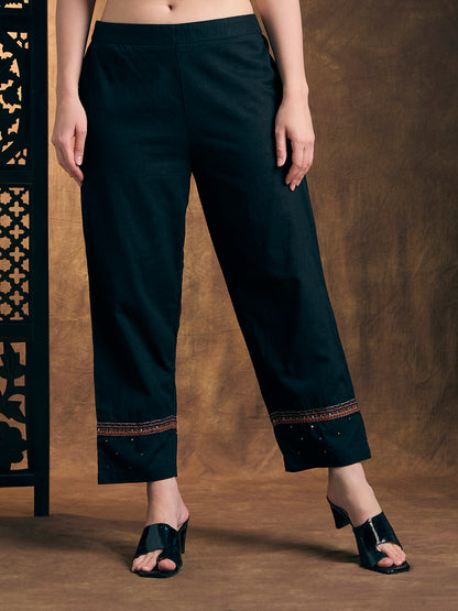 Solid Ethnic Embroidered Straight Kurta with Pant & Printed Dupatta - Teal