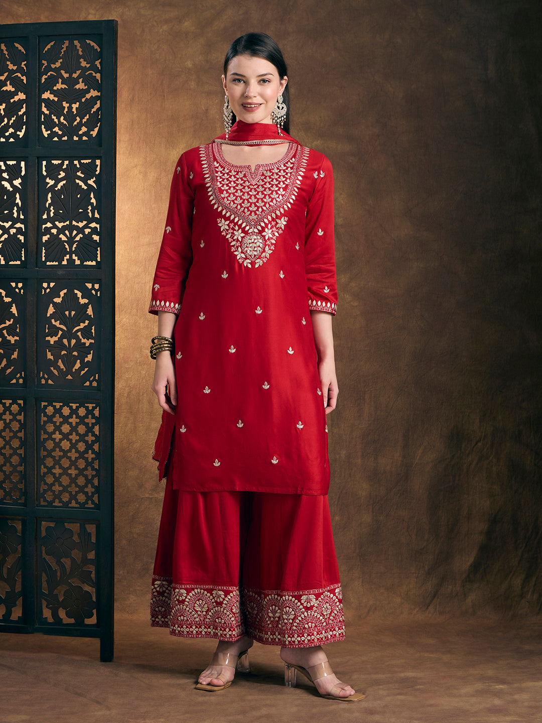Solid Ethnic Embroidered Straight Kurta with Flared Palazzo and Dupatta - Red