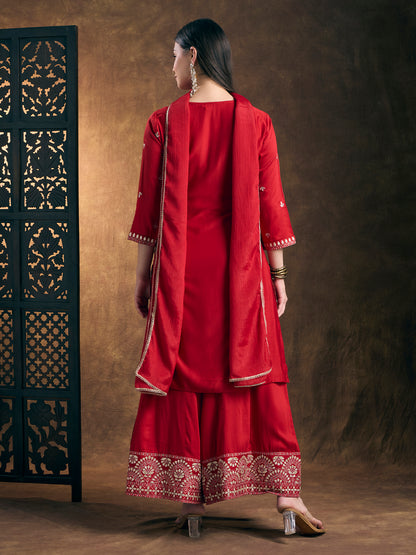 Solid Ethnic Embroidered Straight Kurta with Flared Palazzo and Dupatta - Red