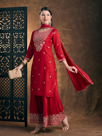 Solid Ethnic Embroidered Straight Kurta with Flared Palazzo and Dupatta - Red