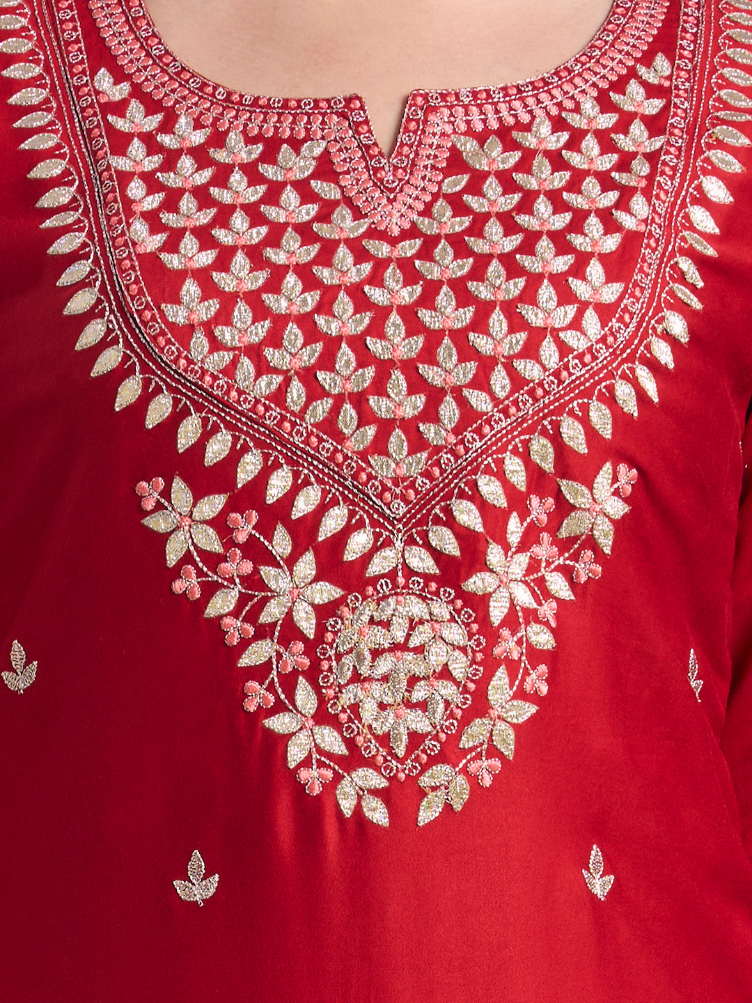 Solid Ethnic Embroidered Straight Kurta with Flared Palazzo and Dupatta - Red