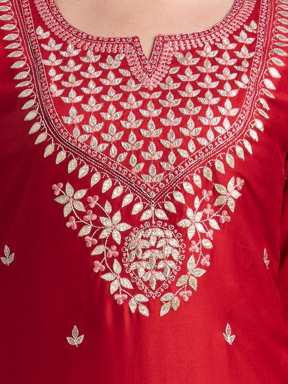 Solid Ethnic Embroidered Straight Kurta with Flared Palazzo and Dupatta - Red
